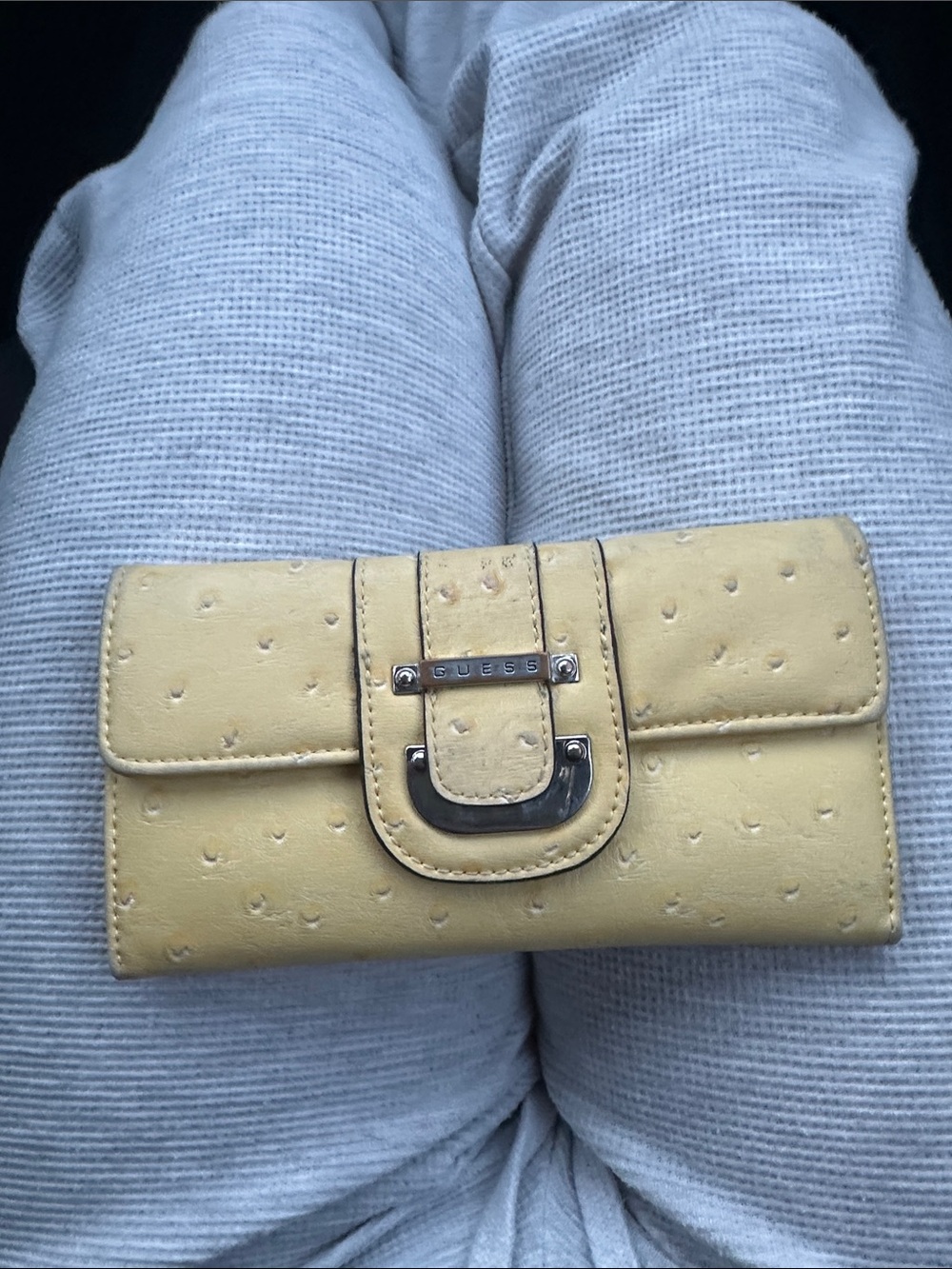 GUESS Pale Yellow Faux-Ostrich Clutch Wallet with Silver Hardware